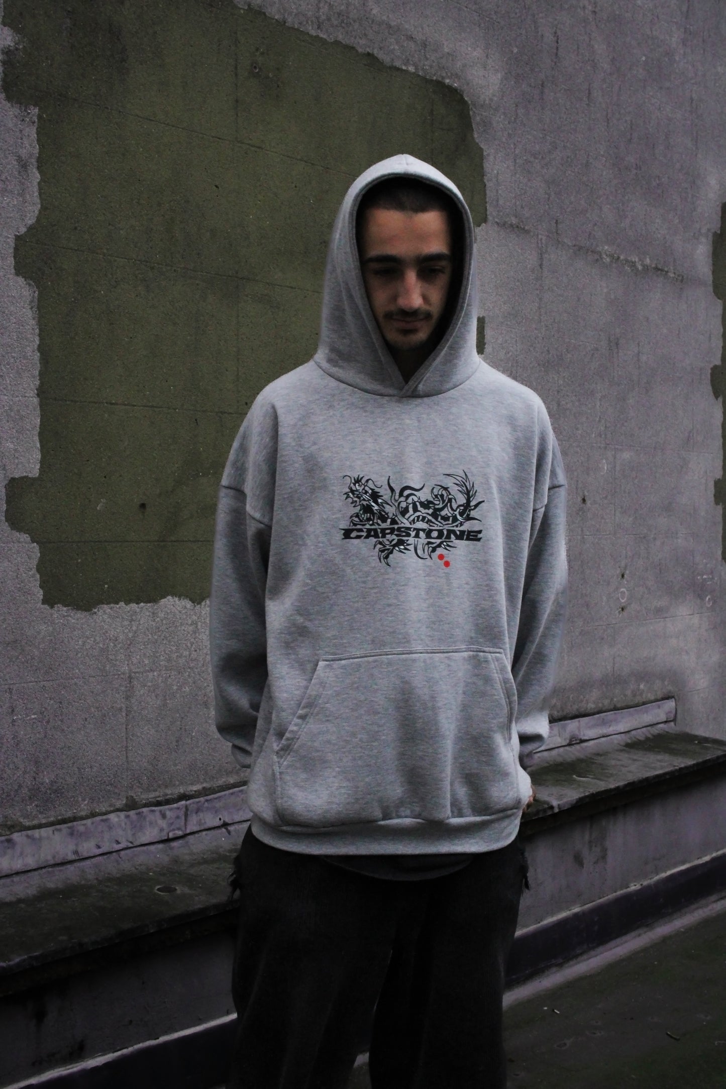 Dragon Hoodie Grey Marle - Black Print